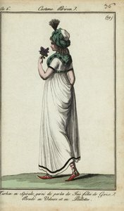 1798年のファッションに身を包んだ女性（手彩色の銅版画 作： French School