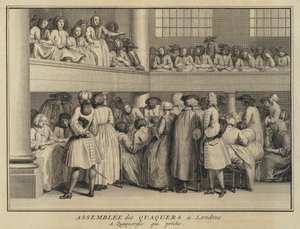 ロンドンのクエーカー教徒の集会で説教をする女性（エングレービング 作： French School