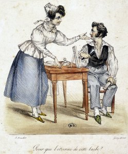 ヒゲを剃ったばかりの男性の結果を見つめる女性 作： French School
