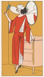 1920年代、赤い縮緬のドレスと白い帽子を身につけた女性（カラー・リトグラフ）