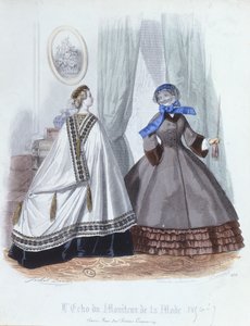 ケープとコートを着た女性、LEcho du Moniteur de la Mode、1856-7年のファッションプレート 作： French School