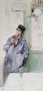 1900年頃、アブサンのグラスが入ったカフェの労働者（紙にトイレ） 作： French School