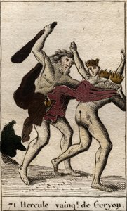 ヘラクレスの作品。「Hercule triumphant du geant aux trois corps Geryon」（ヘラクレスの労働、怪物ゲリュオンを殺すヘラクレス）Pierre Blanchard 1803の "Mythologie de la jeunesse "より。