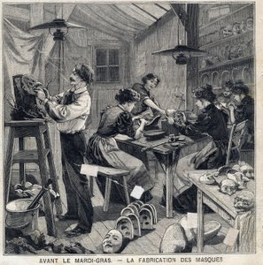 マルディグラ祭（Mardi-Gras）の変装用のマスクを製造する工房。1897年2月14日付「ル・プチ・パリジャン」にて 作： French School