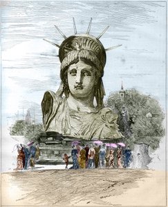 1878年のパリ万国博覧会：フレデリック・オーギュスト・バルトルディ（1834-1904）による自由の女神像の頭部。1878年7月13日付の「イラストレーション・ワールド」1111号に掲載されたエドゥガルド・モランによるエングレーヴィング。 作： French School