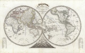 2つの半球の世界地図（カラー彫刻）