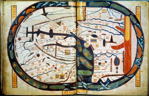 聖セヴァルの世界地図。リーバナの修道士ベアトゥスが775年に書いた「聖ヨハネによる黙示録」の注釈書から抜粋したミニチュア。 作： French School