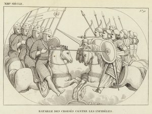 XIII世紀、十字軍と異教徒との戦い（エングレービング 作： French School