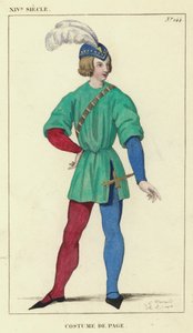 XIV Siecle, Costume de Page (カラー・エングレービング) 作： French School