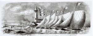 1864年9月17日、ルモンドイラストから、1864年のマルセイユのレガッタでジョリエット灯台を一周するヨット 作： French School