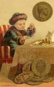 さまざまな国の通貨に関する一連のプロモーションカードからドイツのマルクを計量する若いドイツの銀行家