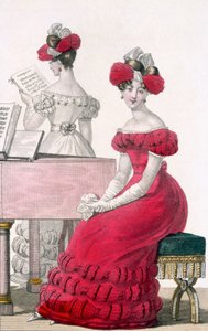 凝った頭飾りのあるクレープイブニングドレスの若い女性、モデドゥパリの広告、c.1825
