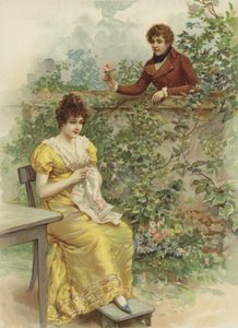 若い女性は、壁を越えて花を持つ求婚者によってアプローチされました 作： French School