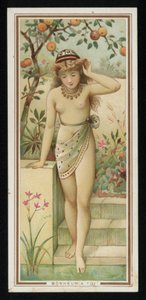 庭にいる若い女性、グリーティングカード。(chromolitho) 作： French School