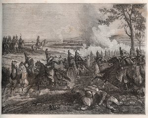 CASTIGLIONEの戦い：イタリア遠征において、ナポレオンはウルムザー率いるオーストリア軍を破り、マントヴァへの撤退を余儀なくされる。1796年8月5日 - モーリス・ラ・シャレストによる新国民百科事典 - 1870年 - 。 作： French School