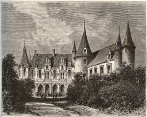 マイエンヌのメザンジェにあるシャトー・デュ・ロシェ - V.A.マルト・ブラウン著「La France illustree: geographie, histoire, administration statistique」に掲載された彫刻。 作： French School
