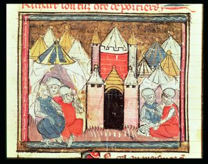 f.259rフランスのフィリップアウグストゥス（1165-1223）がフランスのグランドクロニクス（1375-79）からイングランド（1199-1216）のジョン王（ラックランド）を倒した1204年のシャトーガイヤールの包囲戦 作： French School