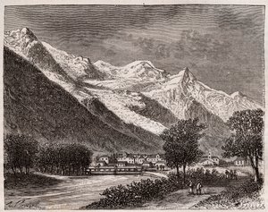 V.A.マルト・ブラウンの「La France illustree: geographie, histoire, administration statistique」に掲載されたシャモニー渓谷とモンブランの彫刻。 1884年。