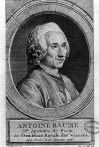 フランスの化学者・薬剤師、アントワーヌ・ボーメ（1728-1804）の肖像画。Apoticaire de Paris.1772年のエングレーヴィング。