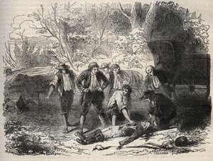 リヨン郵便局事件 - Affaire du courrier de Lyon - la malle-poste est attacked en Seine et Marne by 5 individuals on 28 April 1796 - Engraving in "Causes celebres de tous les peuples" by Armand Fouquier (1817-18?) 1858-1867 - private collection 作： French School
