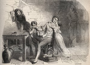 the Lyon mail post affair - Case du courrier de Lyon:ジョセフ・レシュルクの家族への別れ：1796年のリヨン郵便の事件に関わったとされる彼は、リヨンの郵便局のトランクを襲ったという誤った容疑をかけられ、ギロチンにかけられた - " のエングレーヴィング。 作： French School