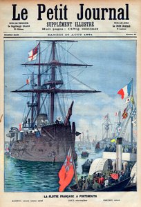 ポーツマスのフランス艦隊：旗艦「マレンゴ」、ラヴィソ魚雷「ランス」、戦艦「マルソー」、1891年8月29日付「プチ・ジャーナル」の第一面（エングレーヴィング 作： French School