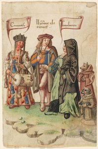貪欲と偽装の間に立つ廷臣[fol。 14直腸] 作： French early 16th Century