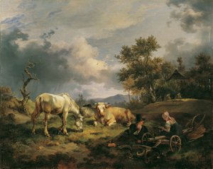 野原で休んでいる若い農民のカップル 作： Friedrich August Mathias Gauermann