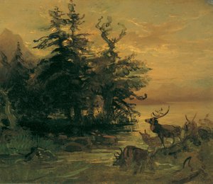 山の湖のほとりでうなる鹿 作： Friedrich August Mathias Gauermann