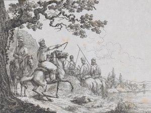 川岸を走るコサック、1814年。 作： Friedrich August de La Belle