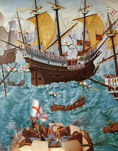 1520年にヘンリーグレイスアデューに乗船したヘンリー8世1491-1547の乗船、148771のキャンバスのディテールにあるヴィンセントボルピオイルの絵画からコピー