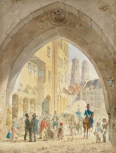 ミュンヘン-旧市庁舎からの聖母教会の塔の眺め。 1849 作： Friedrich Eibner