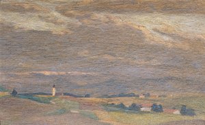 教会の塔のある夕景 作： Friedrich Hasslwander