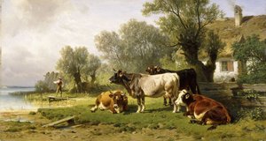 1881年の向こうにある漁師と一緒に川沿いの農場の牛 作： Friedrich Johann Voltz