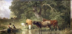 森の池で水を飲む牛たち 作： Friedrich Johann Voltz
