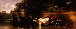 雑木林の中で水をやる牛たち 作： Friedrich Johann Voltz