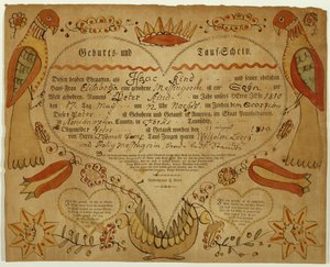 出生および洗礼証明書、c。 1790-1800（oxgallインク、水彩、および敷き紙への彫刻） 作： Friedrich Krebs