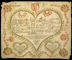 出生・洗礼証明書 1800年頃（オックスガル・インク、水彩、彫刻、敷紙 作： Friedrich Krebs
