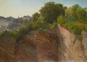ザルツブルクのメンヒスベルクからホーエンザルツブルク城を望む 作： Friedrich Loos