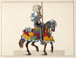トーナメントに向かう途中の騎士、フランツコッテンカンプ博士による「騎士道の発展と税関の歴史」のプレート、カールホフマン発行、1842年 作： Friedrich Martin von Reibisch