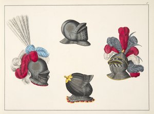 ヘルメット、「騎士道の発展と習慣の歴史」のプレート、フランツ・コッテンカンプ博士、カールホフマン発行、1842年 作： Friedrich Martin von Reibisch