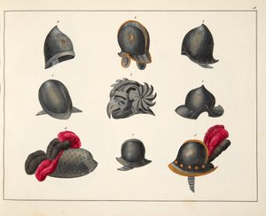 ヘルメット、「騎士道の発展と習慣の歴史」のプレート、フランツ・コッテンカンプ博士、カールホフマン発行、1842年