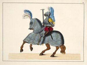 騎士と鎧をまとった馬、「騎士道の発展と習慣の歴史」のプレート、フランツコッテンカンプ博士、カールホフマン発行、1842年 作： Friedrich Martin von Reibisch