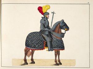 カール・ホフマン発行のフランツ・コッテンカンプ博士による「騎士道の発展と風習の歴史」からの彼の馬、プレートの鎧を着た騎士、1842年