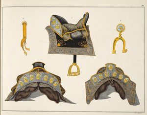 サドルとスパー、「騎士道の発展と習慣の歴史」のプレート、フランツコッテンカンプ博士、カールホフマン発行、1842年 作： Friedrich Martin von Reibisch