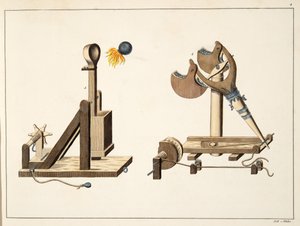カール・ホフマン発行のフランツ・コッテンカンプ博士による「騎士道の発展と風習の歴史」のプレート「ギリシャの火」でスリング1842 作： Friedrich Martin von Reibisch