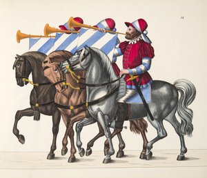 トーナメントの3人のミュージシャン、フランツコッテンカンプ博士による「騎士道の発展と習慣の歴史」のプレート、カールホフマン発行、1842年 作： Friedrich Martin von Reibisch