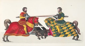 トーナメントでの2人の騎士、フランツコッテンカンプ博士による「騎士道の発展と習慣の歴史」のプレート、カールホフマン発行、1842年