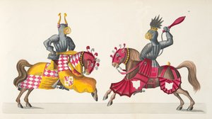 トーナメントでの2人の騎士、フランツコッテンカンプ博士による「騎士道の発展と習慣の歴史」のプレート、カールホフマン発行、1842年