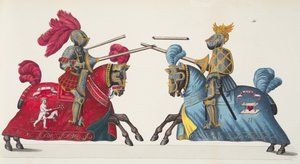 トーナメントでの2人の騎士、フランツコッテンカンプ博士による「騎士道の発展と習慣の歴史」のプレート、カールホフマン発行、1842年